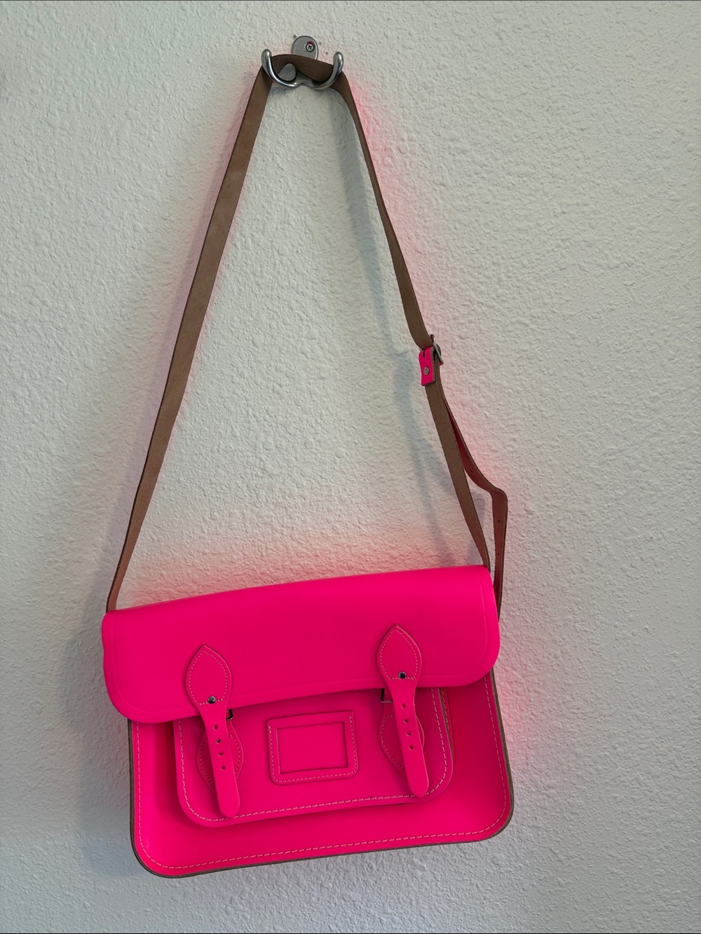 The Cambridge Satchel Company Neon Pink Satchel with Tan Strap